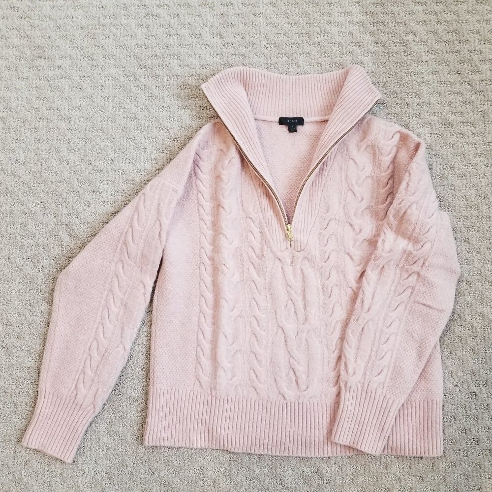 J. Crew Pale Pink 1/4 Zip Wool Blend Cable Knit Sweater, Small, EUC!